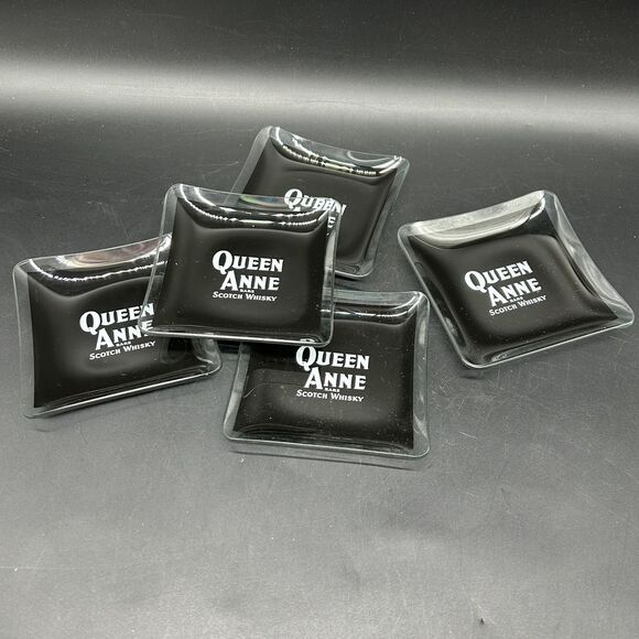 5 Queen Anne Rare Scotch Whisky vintage square black glass ashtray coin tray (C) - Picture 2 of 8